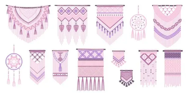 Vector illustration of Braided boho decorations. Macrame wall hanging, woven interior elements, cozy modern room, knitted ropes, home accessories, dream catcher. Cartoon flat style isolated tidy vector set