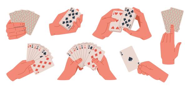 istock People hands playing cards. Poker game, risky gambling accessories, human arms hold card deck, shuffling and distribution, casino person, cartoon flat style isolated nowaday vector set 2146575024
