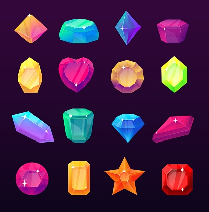 Cartoon gems. Colorful crystal stones. UI game design elements. Sparkling diamonds. Treasure rubies and emeralds. Jewel quartz minerals. Faceted rhinestones. Different cut types. Vector gemstones set