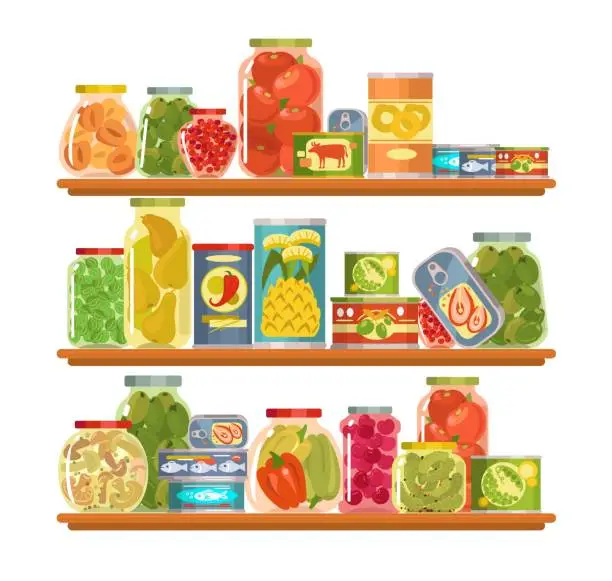 Vector illustration of Shelves with preserved food. Canned products. Conserved vegetables and fruits. Fish and meat cans. Glass jars with jams and pickles. Homemade marinated cucumbers. Splendid vector concept