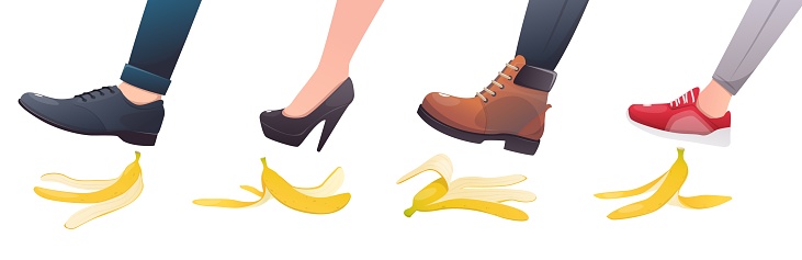 Feet step on banana peel. People slip up on fruit peelings. Organic garbage. Food waste. Boots and shoes slipping on husks. Misstep accident. Falling man and woman. Traumatic situations vector set