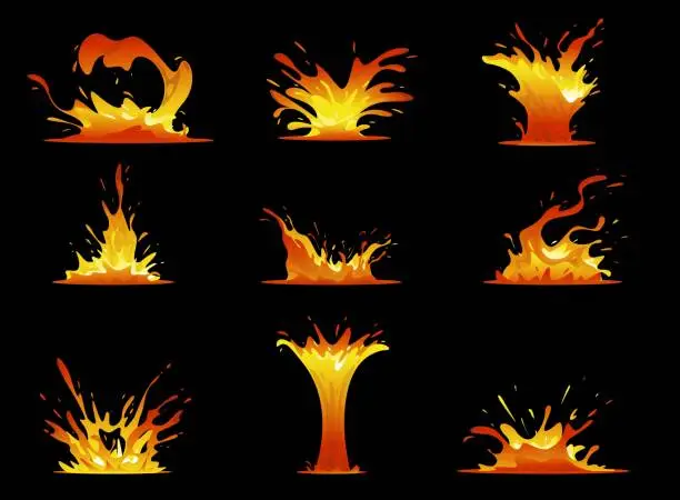 Vector illustration of Lava splashes. Game effect. Dangerous liquid fire. Magma fountains. Hot volcano flows. Molten blobs. Fiery explosion. Volcanic eruption. Fluid flame blast. 2D design elements vector set