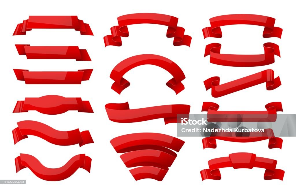 Curved Ribbon Label Cartoon Red Ribbons Curvy Decorative Elements Empty Banner For ...