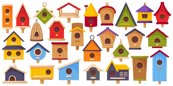 Bird houses. Color wooden birdhouses. Handmade craft feeders. Different design nesting box with hole. Various roofs and entrances. Starling home shapes. Animal shelter buildings. Recent vector set