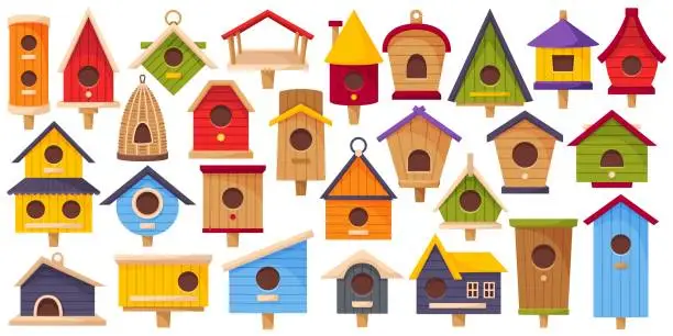 Vector illustration of Bird houses. Color wooden birdhouses. Handmade craft feeders. Different nesting box with hole. Various roofs and entrances. Starling homes. Animal shelter buildings. Recent vector set