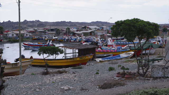 Pan across quiet fishing port boat marina in Caleta Chanaral, Chile