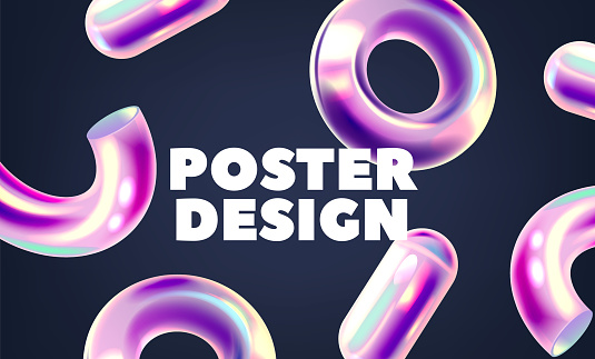 Vector Banner with Vibrant Holographic 3d Shapes of Torus and Semi-Ring Interplay On Sleek Black Backdrop, Captivating Attention With Depth And Dimension, Embodying Modernity And Scientific Innovation