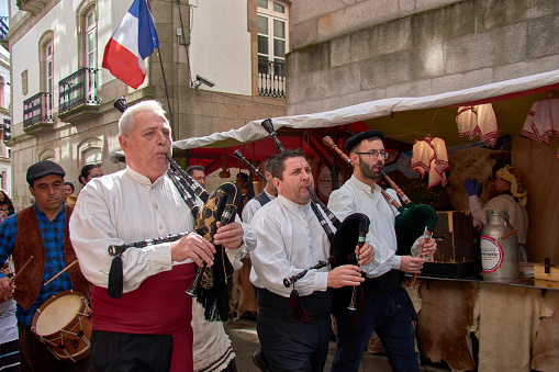Vigo, Pontevedra, Spain; April 7, 2024; The drum and bagpipe groups do not stop playing during the Reconquest of Vigo festival
