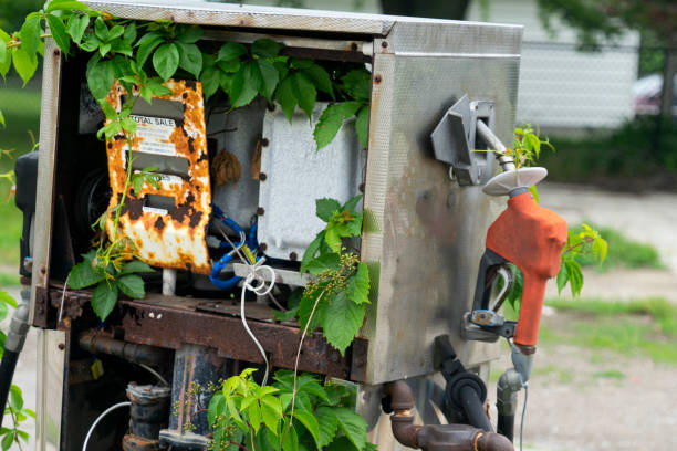 tankstelle alt verlassen - refueling truck gasoline fuel pump stock-fotos und bilder