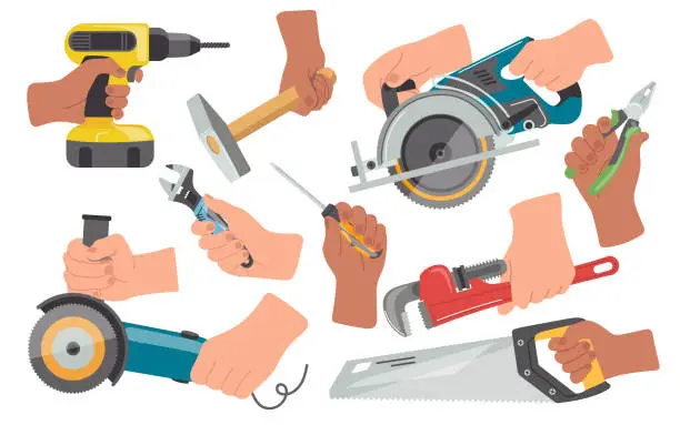 Vector illustration of Cartoon builders hands holding different hardware, electric tools and repair instrument isolated set