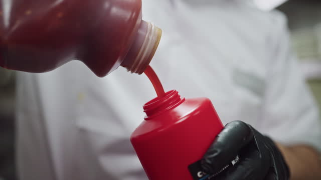 Filling the sweet and spicy sauce into a sauce bottle