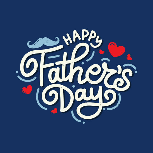 Happy Father's day Hand drawn typography with hearts and mustache vector illustration on blue background. Cute lettering greeting card to celebrate international father's Day. Dad loving wallpaper. Happy Father's day Hand drawn typography with hearts and mustache vector illustration on blue background. Cute lettering greeting card to celebrate international father's Day. Dad loving wallpaper. fathers day stock illustrations