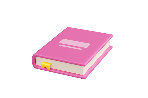 Closed pink paper book with yellow bookmark 3d render illustration. Laying literature with hardcover for education, reading and bookshop concept. School and library knowledges object.