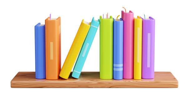 istock Book stack with hard cover standing with spine on wooden shelf. 3D render illustration 2146719425