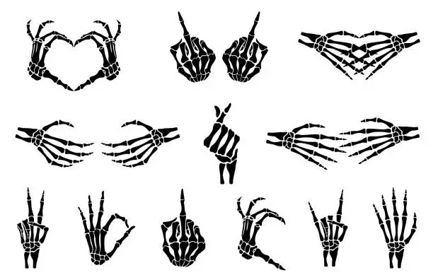 Vector illustration of Set of skeleton hands gestures, fingers, black flat vector, cut files