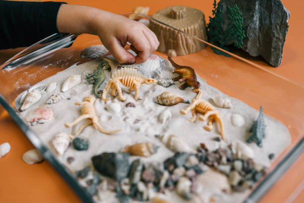 istock Sensory bin for child's play close-up, dinosaur and shells excavation 2146726905