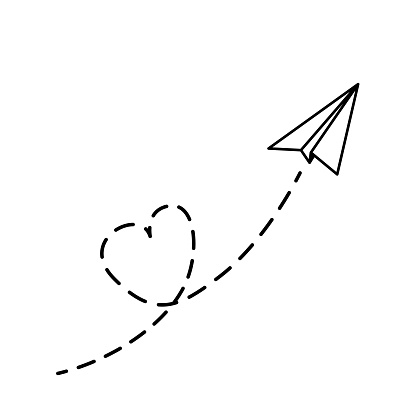 Black and white paper airplane. Coloring page with airplane and trail in form of heart. Color me. Isolated vector illustration eps