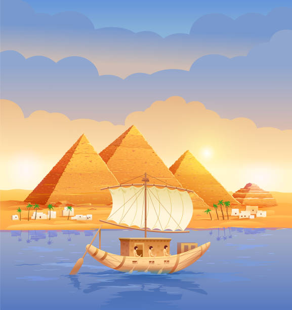 пирамиды египта. египетские пирамиды вечером на реке. пирамида хеопса в каире, в гизе. лодка проплывает мимо пирамид. векторная иллюстрация - egypt pyramid cairo camel stock illustrations