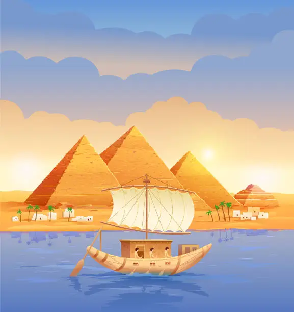 Vector illustration of Pyramids of Egypt. Egyptian pyramids in the evening on the river. Pyramid of Cheops in Cairo, in Giza. A boat sailing past the pyramids. Vector illustration