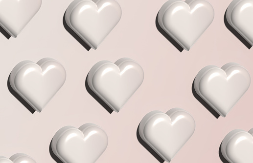 Pink hearts with shadow on a pink background, 3D rendering illustration
