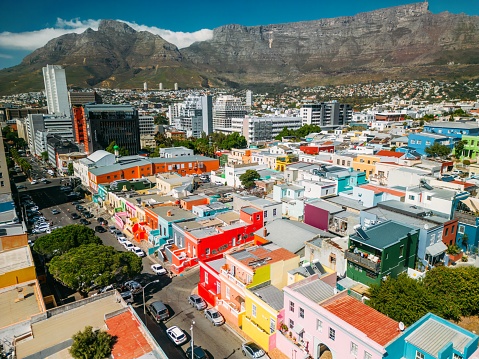 Cape Town, South Africa - April 4, 2024: View of the colorful Bo-Kaap in Cape Town, South Africa. A popular daytime destination, hillside Bo-Kaap is known for its narrow cobbled streets lined with colorful houses