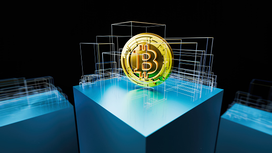 Abstract bitcoin concept - 3d rendered image of Block chain cryptocurrency business strategy ideas concept bit coin on reflection floor. Futuristic elements.
