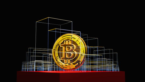 Abstract bitcoin concept - 3d rendered image of Block chain cryptocurrency business strategy ideas concept bit coin on reflection floor. Futuristic elements.