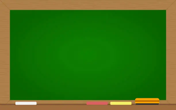 Vector illustration of Layout Background of School Green Blackboard with Wooden Frame, Chalk and Eraser.