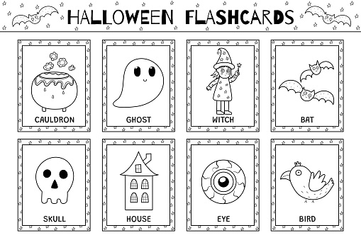 Halloween flashcards black and white collection for kids. Flash cards set in outline with cute spooky characters for school and preschool. Learning to read activity for children. Vector illustration