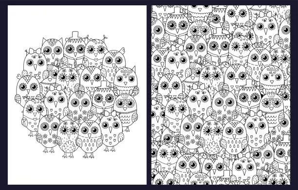 Vector illustration of Doodle owls coloring pages set. Black and white templates bundle with cute woodland characters