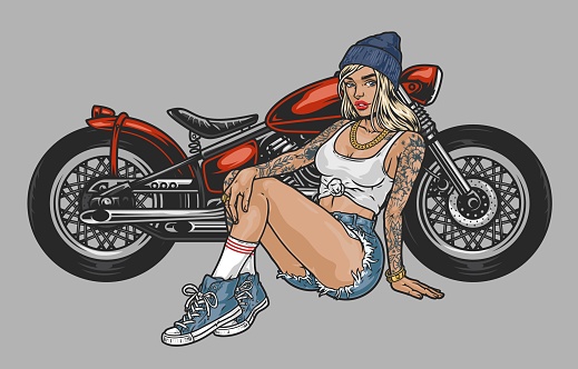 Hot girl motorcyclist sketch colorful with model with tattoo sits near motorcycle for racing or attending biker festivals vector illustration