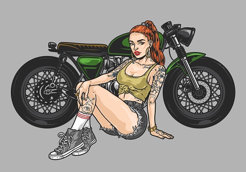 Cool woman motorcyclist colorful sticker with tattooed female biker sits near motorcycle dressed in shorts and t-shirt vector illustration