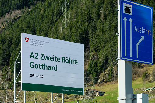 Goschenen, Switzerland - April 6, 2024: Board of the Swiss Federal Road Office: the second tube of the Gotthard tunnel on the A2 motorway