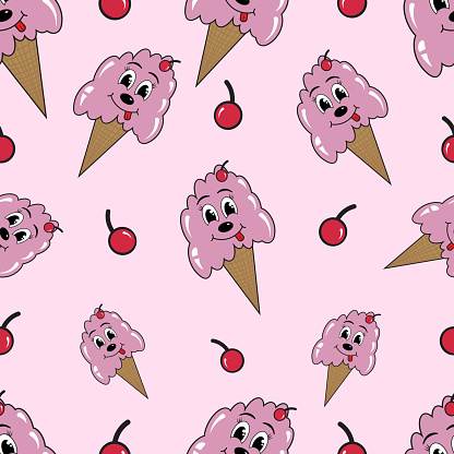 Vector Cute Cartoon Style Ice Cream Seamless Pattern. Vector Repeatable Texture Design on Pink Background. Cherry Flavored ice cream inside a wafer cornet with cherry above. Printable cute texture.