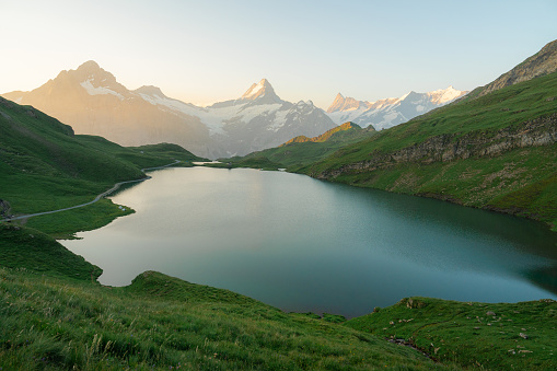 Scenic tranquil view of Bachalpsee Lake Switzerland in summer