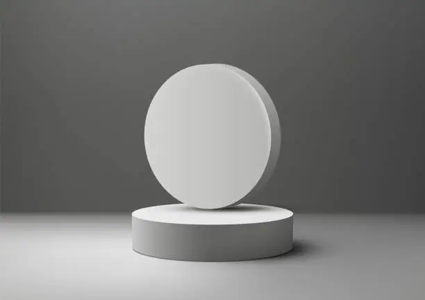 Vector illustration of 3D white podium with circle rests top of a white cylinder on gray background