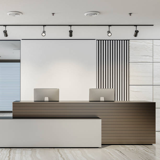 istock Modern office interior reception area with big desk 2146928171