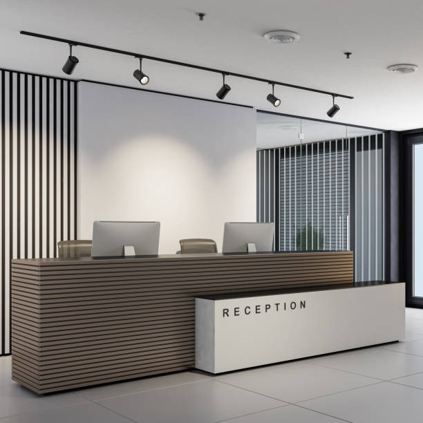 istock Modern office interior reception area with big desk 2146928181