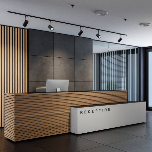 istock Modern office interior reception area with big desk 2146928685