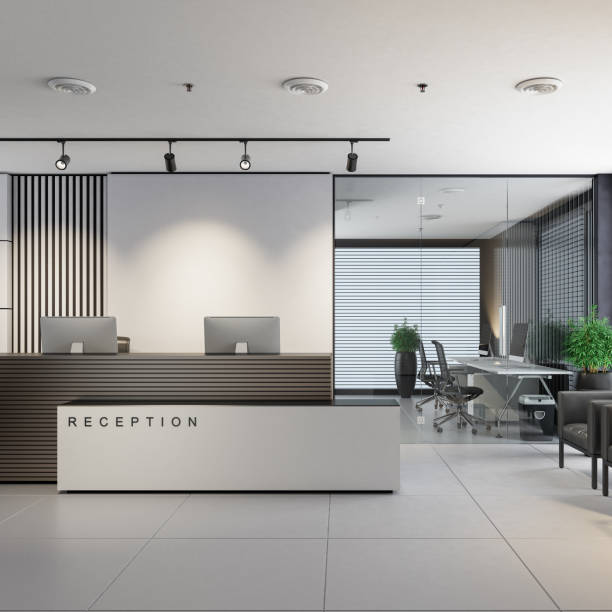 istock Modern office interior reception area with big desk 2146928690