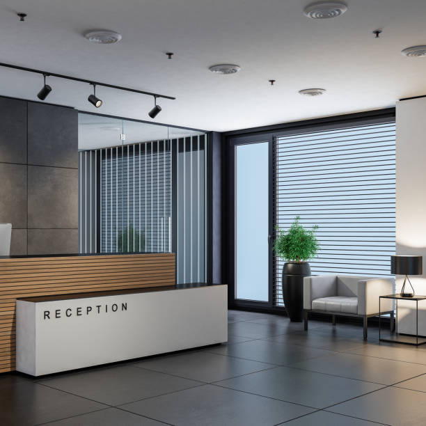 istock Modern office interior reception area with big desk 2146928695