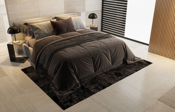 istock Modern minimalist bedroom with double bed and white background 2146930275