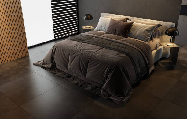 Modern minimalist bedroom with double bed and white background