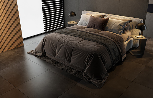 Modern bedroom. Daytime scene with white background. Double bed with brown and beige materials. Black and dark stone walls and floor tiles. Scandinavian modern minimalist interior. 3d rendering.