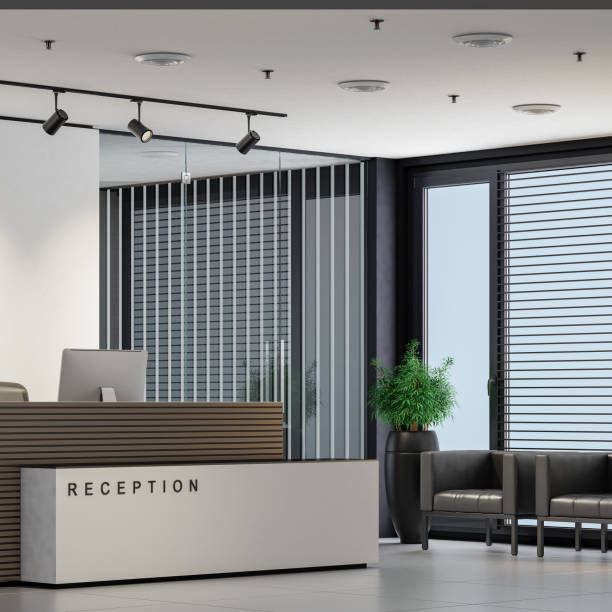 istock Modern office interior reception area with big desk 2146933866