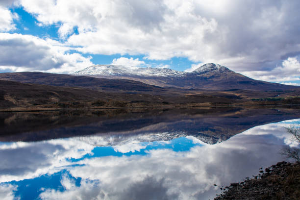 Snow dusted mountains and a cloudy blue sky are reflected in still waters.