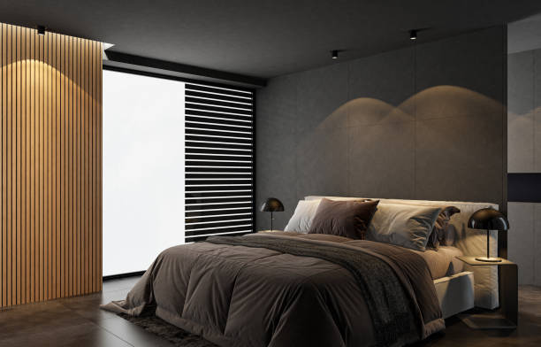 istock Modern minimalist bedroom with double bed and white background 2146939006