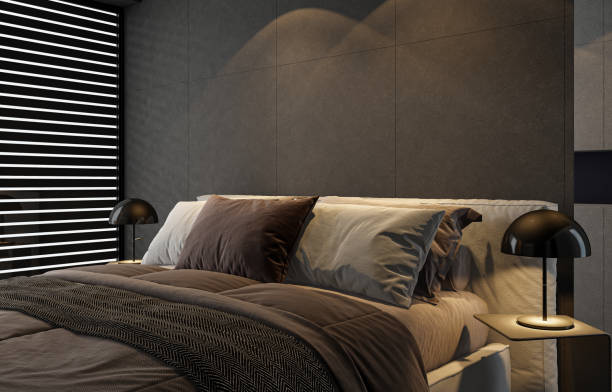 istock Modern minimalist bedroom with double bed and white background 2146939007
