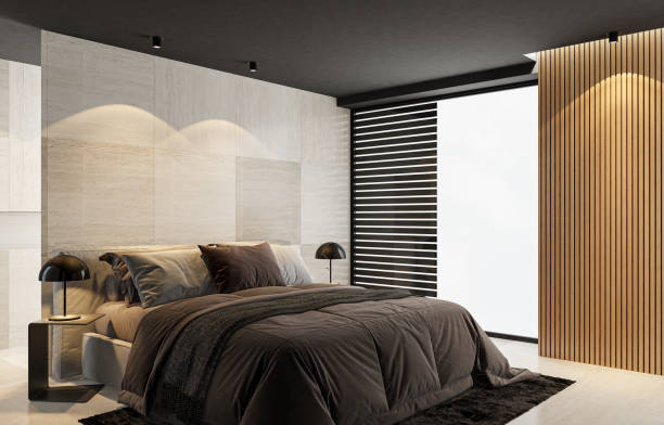 istock Modern minimalist bedroom with double bed and white background 2146939008