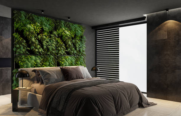 istock Modern minimalist bedroom with double bed and vertical garden on wall 2146940068